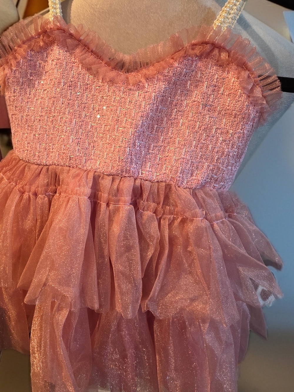 162. Dollhaus by Cleophe Toddler Pink Tiered Tulle Dress Pearl Straps 2T 3T - Picture 4 of 6